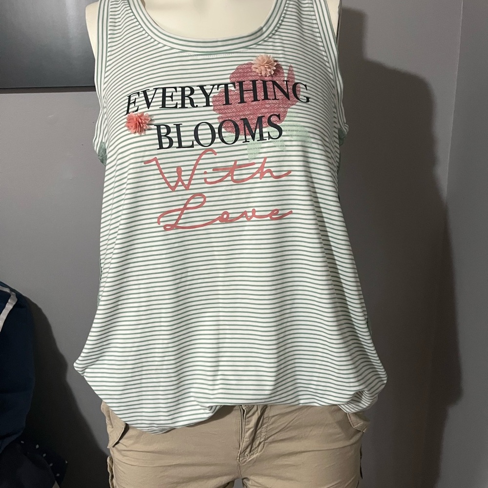 La Vie En Rose Mint-White Striped Floral Graphic Tank